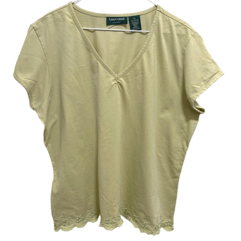 0502 Lemon Grass V-Neck Cotton Short Sleeve Top Lime Green